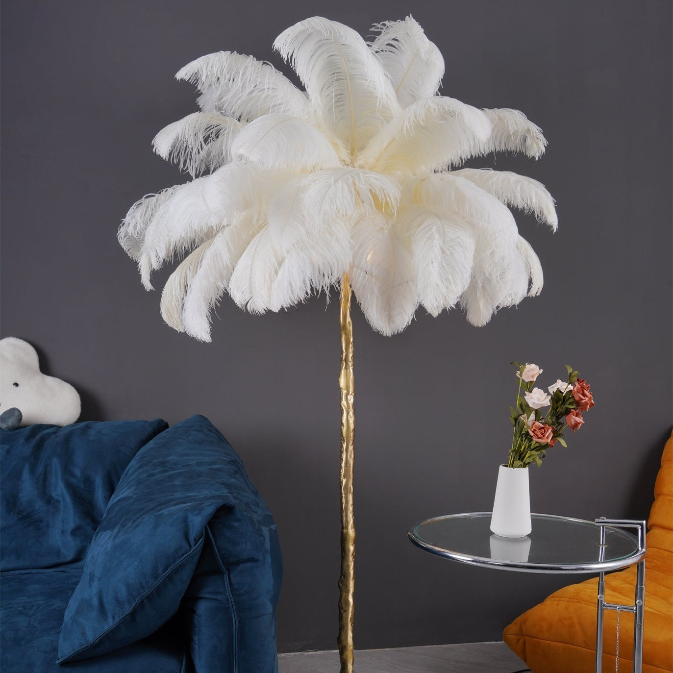 Brass Floor Lamp With Ostrich Feather Lighting Lobby