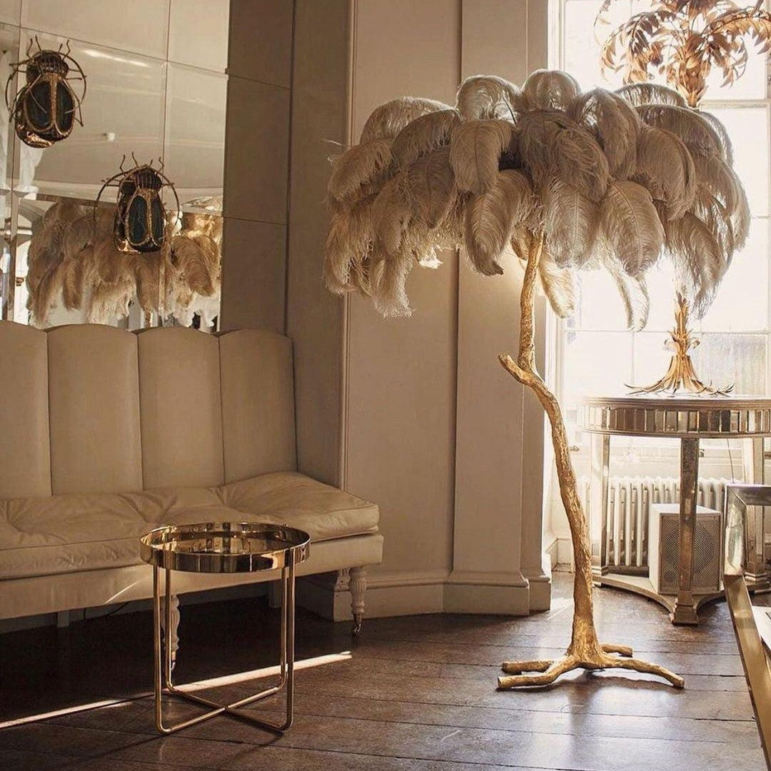 Brass Floor Lamp With Ostrich Feather Lighting Lobby