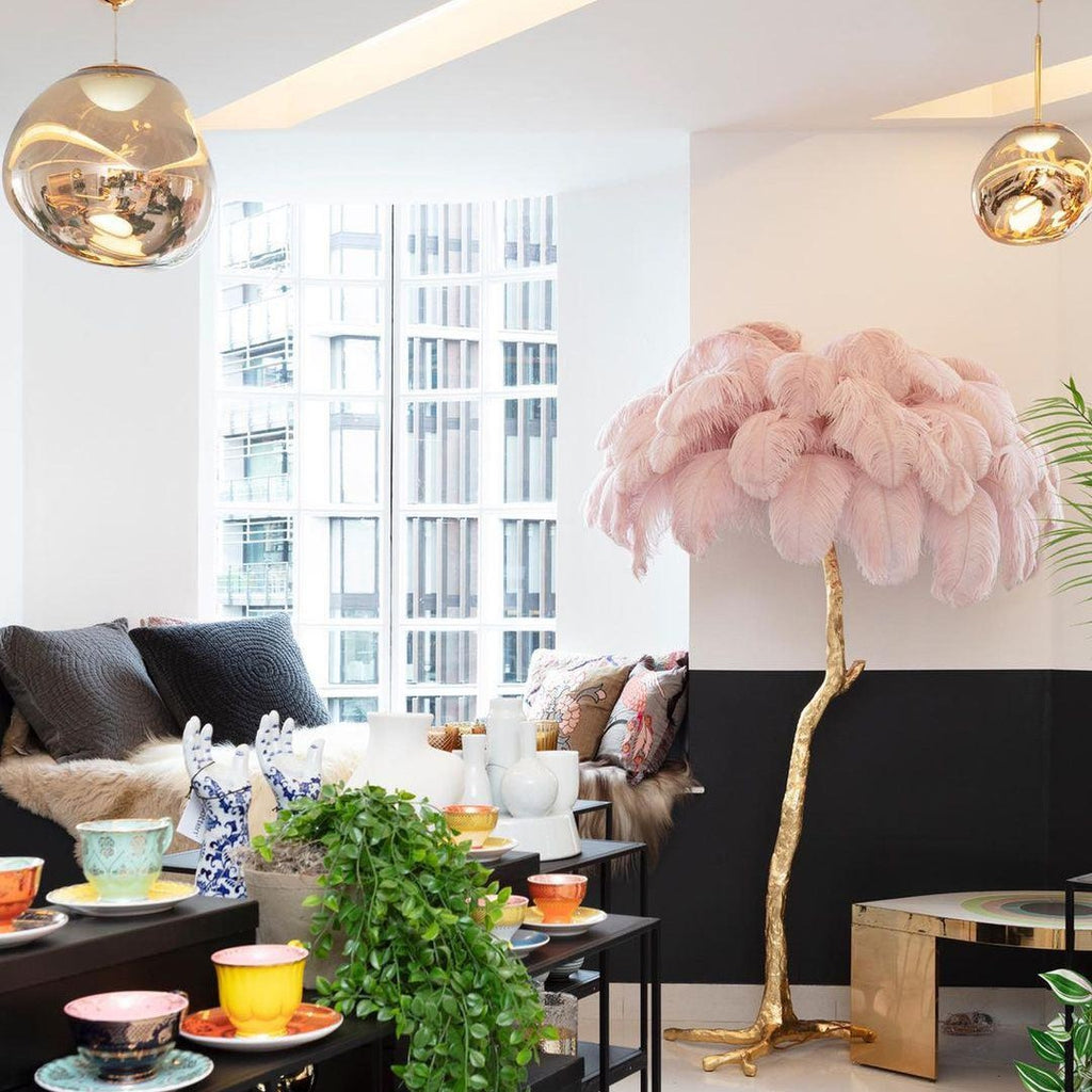 Brass Floor Lamp With Ostrich Feather Lighting Lobby