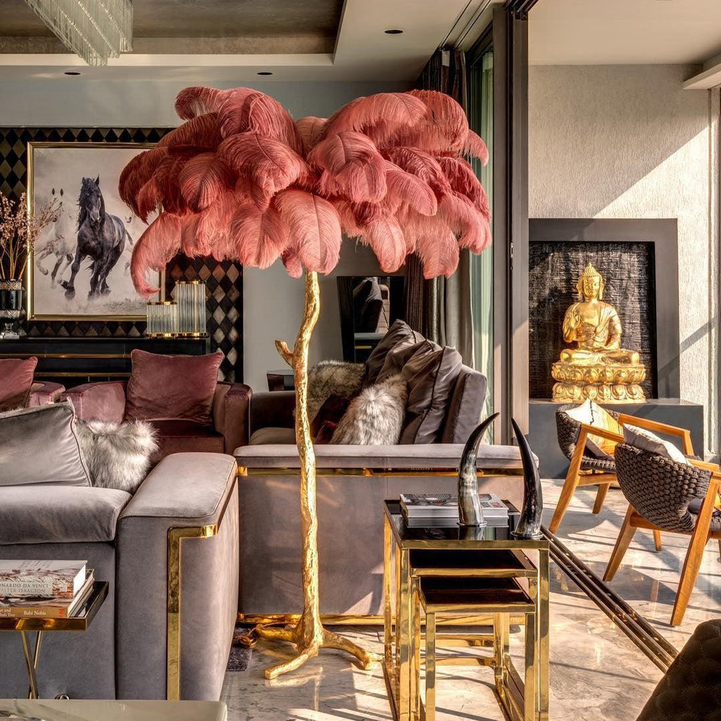 Brass Floor Lamp With Ostrich Feather Lighting Lobby