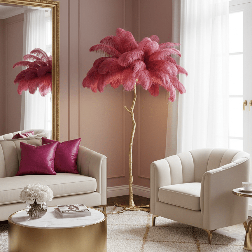 Brass Floor Lamp With Ostrich Feather Lighting Lobby