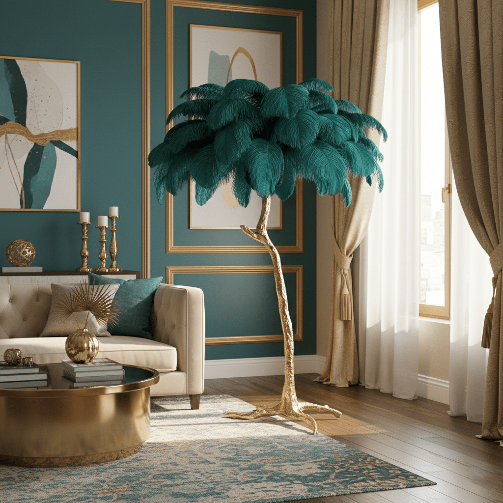 Brass Floor Lamp With Ostrich Feather Lighting Lobby