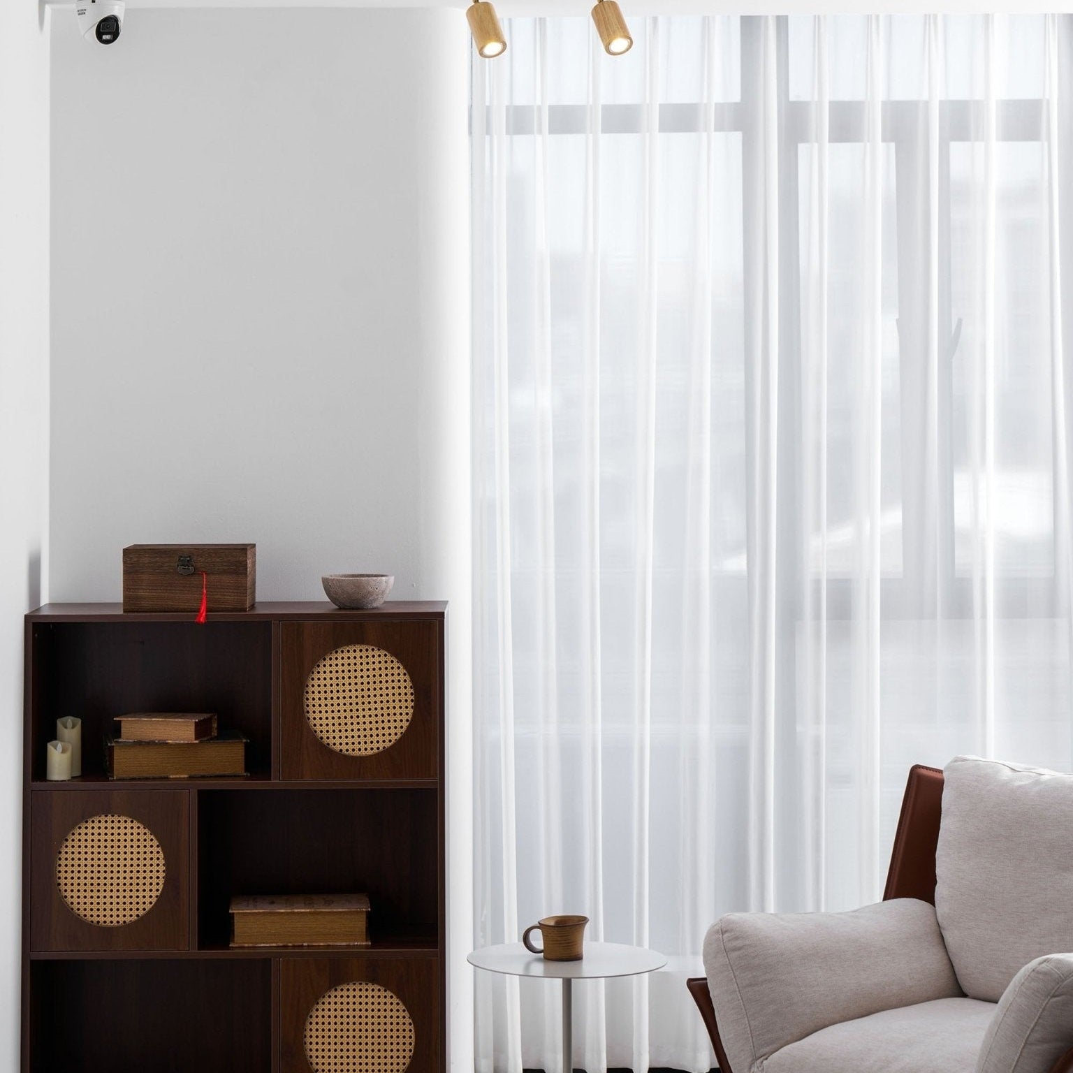 Ceiling Spotlight Fixture With Natural Wood Beam Lighting Lobby