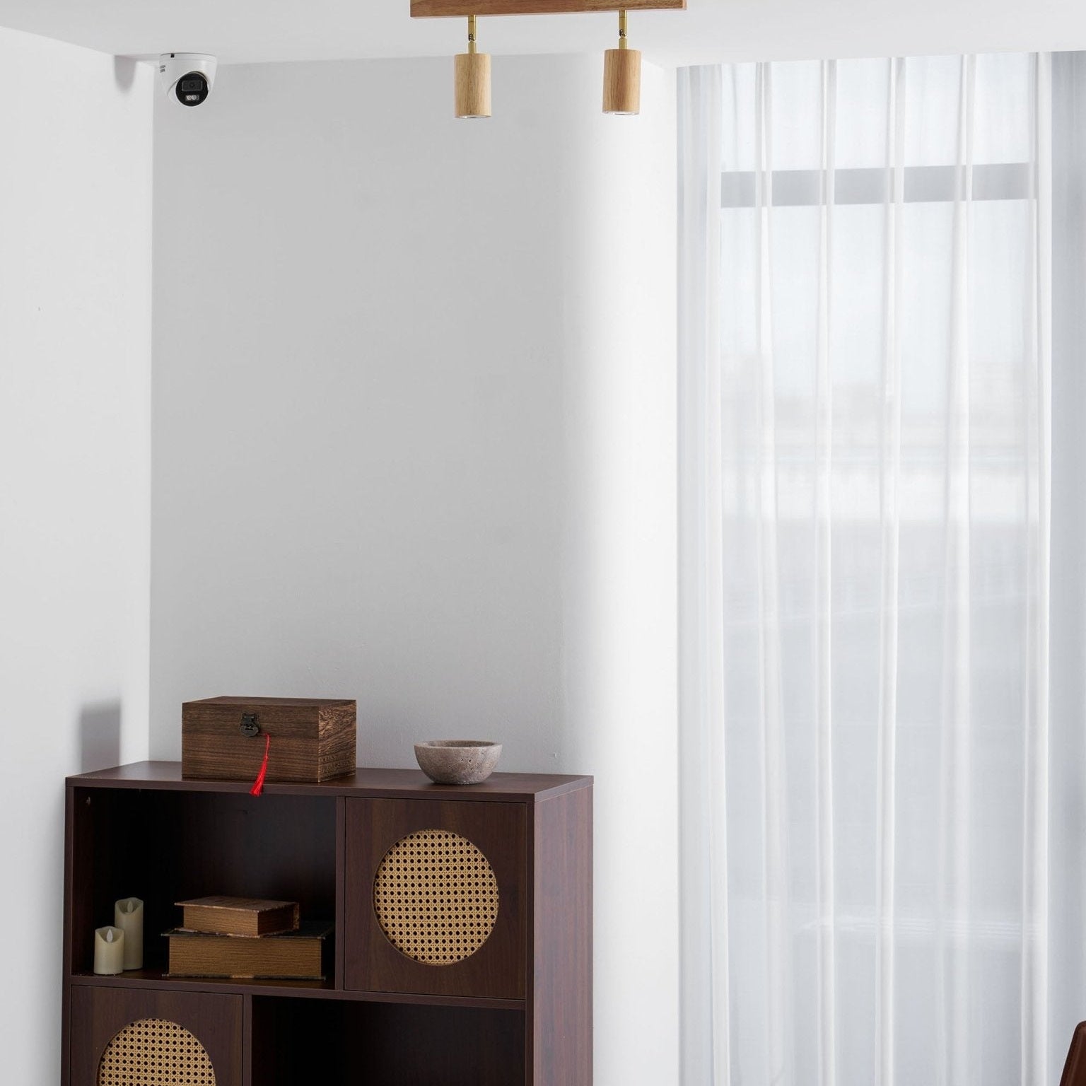 Ceiling Spotlight Fixture With Natural Wood Beam Lighting Lobby