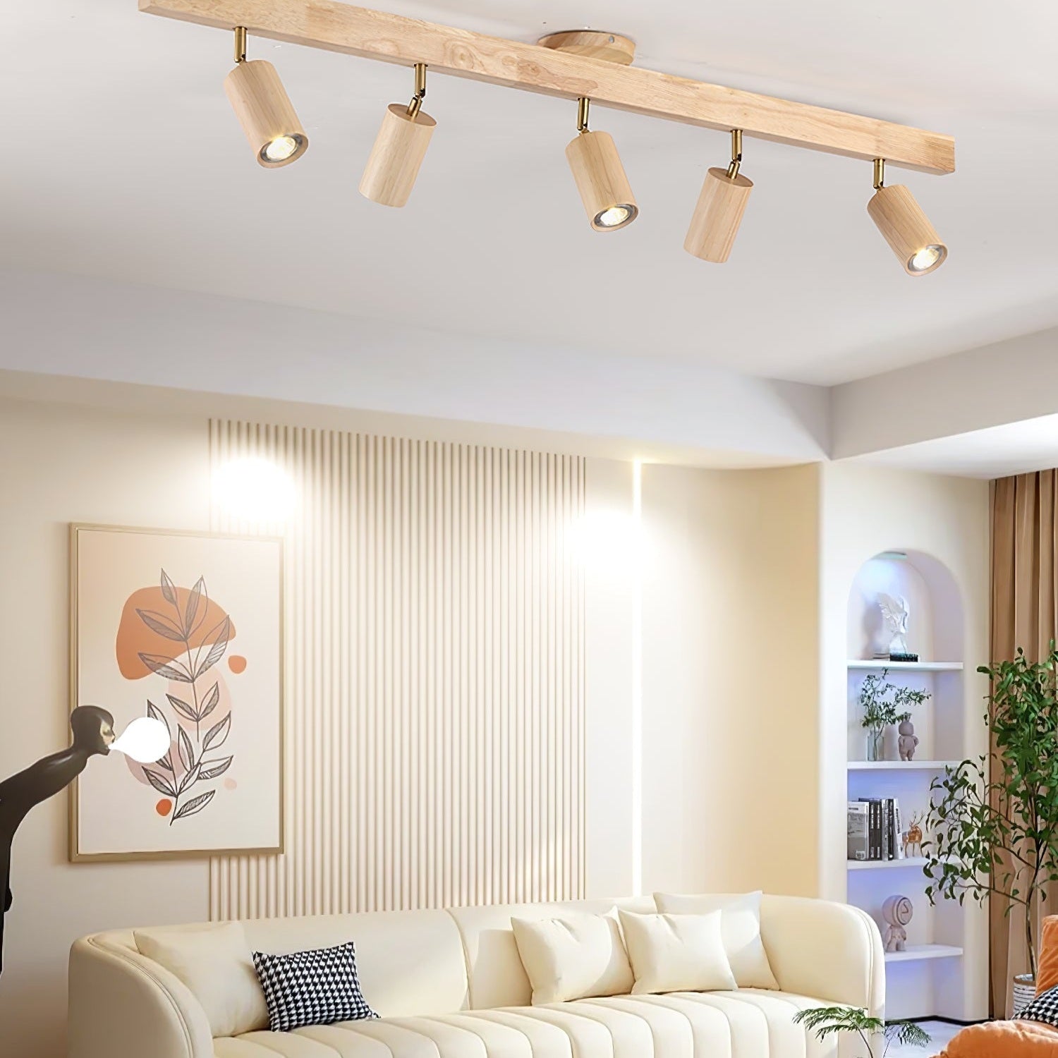 Ceiling Spotlight Fixture With Natural Wood Beam Lighting Lobby