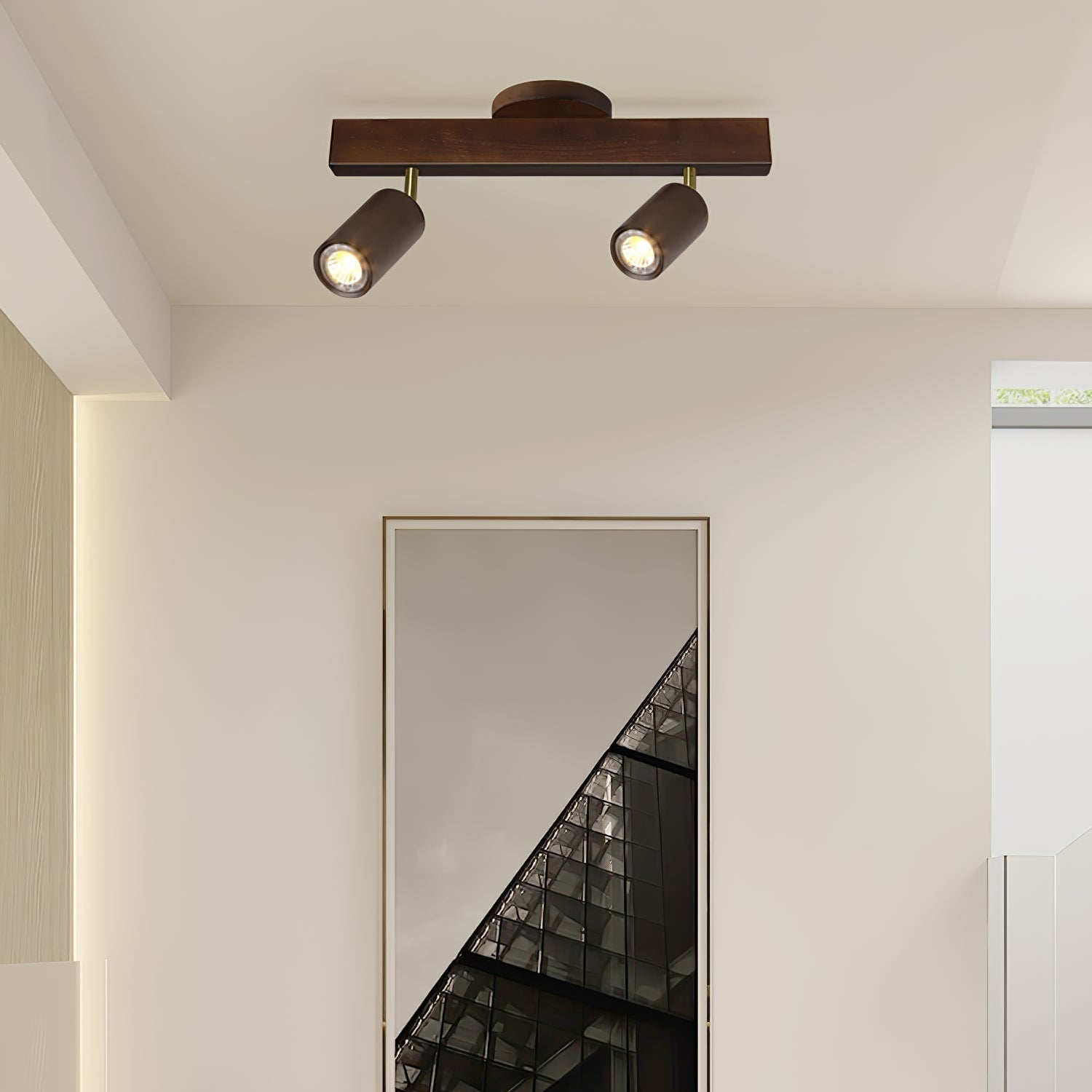 Ceiling Spotlight Fixture With Natural Wood Beam Lighting Lobby