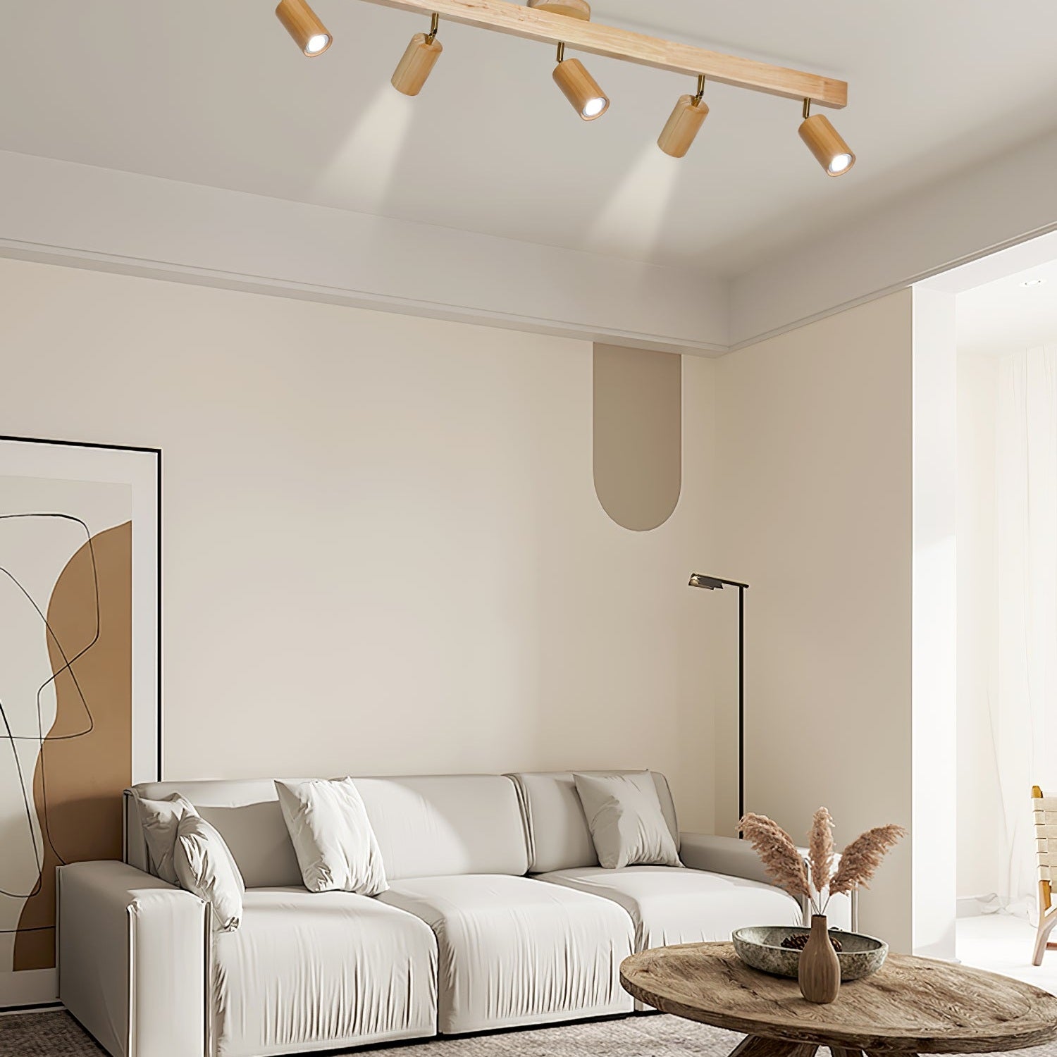 Ceiling Spotlight Fixture With Natural Wood Beam Lighting Lobby