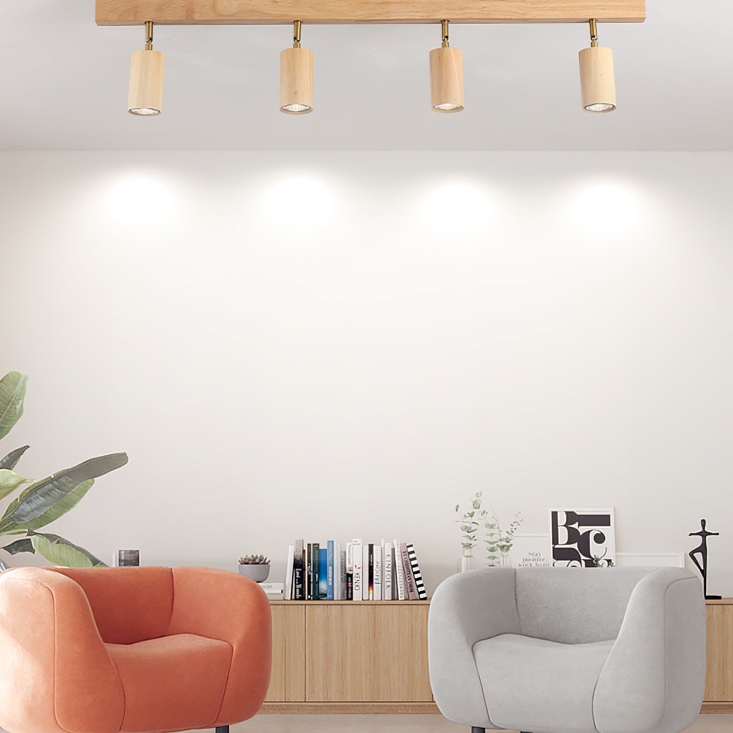 Ceiling Spotlight Fixture With Natural Wood Beam Lighting Lobby