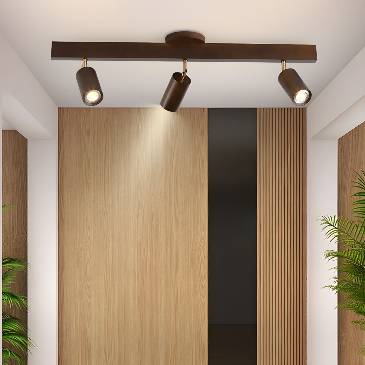 Ceiling Spotlight Fixture With Natural Wood Beam Lighting Lobby