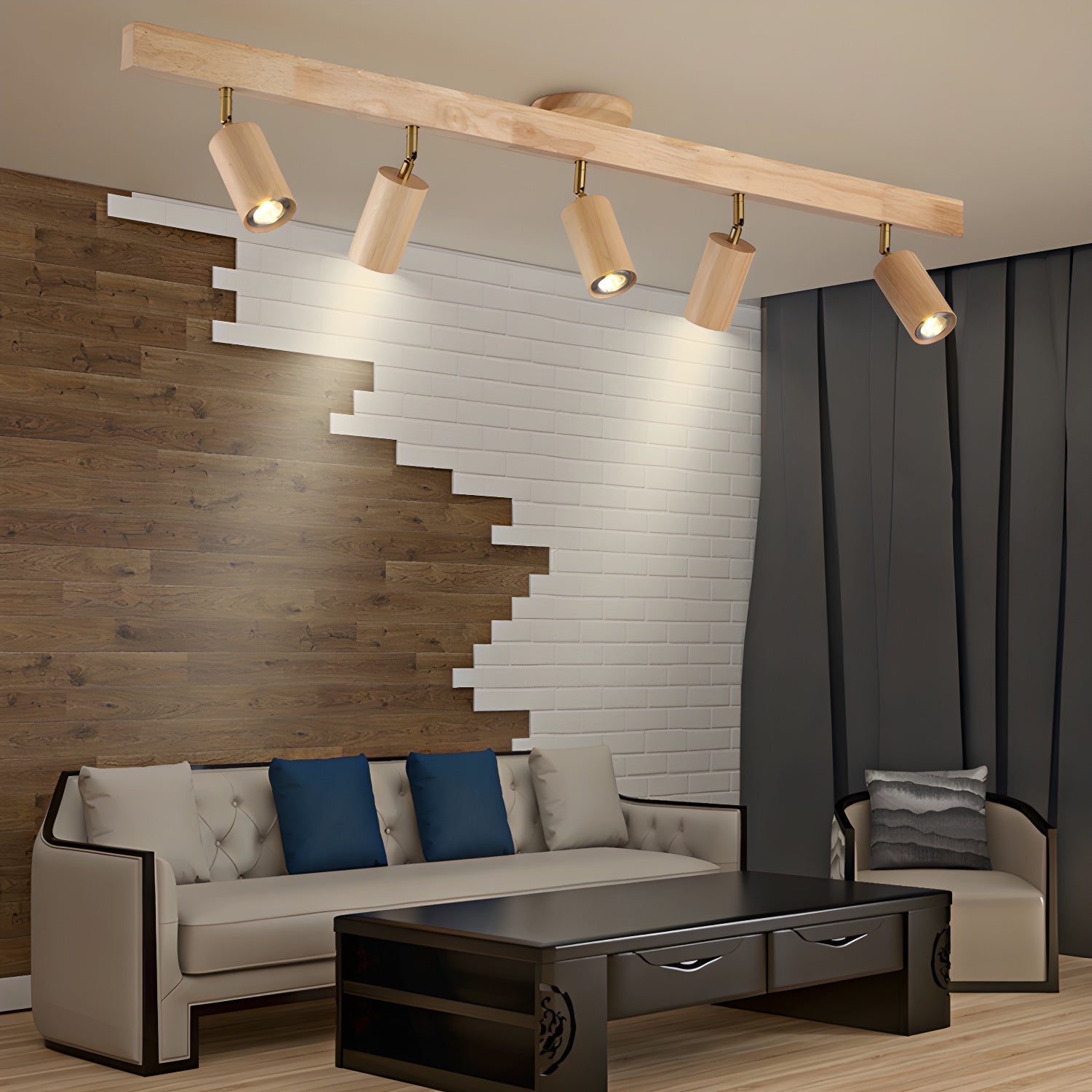 Ceiling Spotlight Fixture With Natural Wood Beam Lighting Lobby