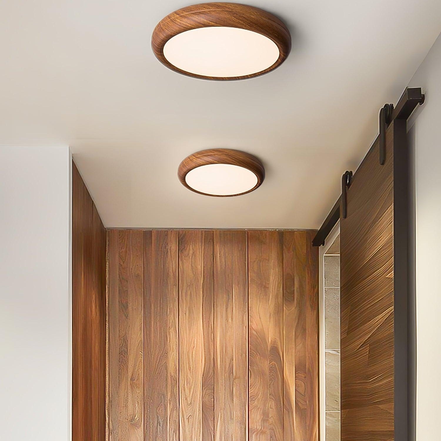 Round Ceiling Light with Wood Grain Lighting Lobby